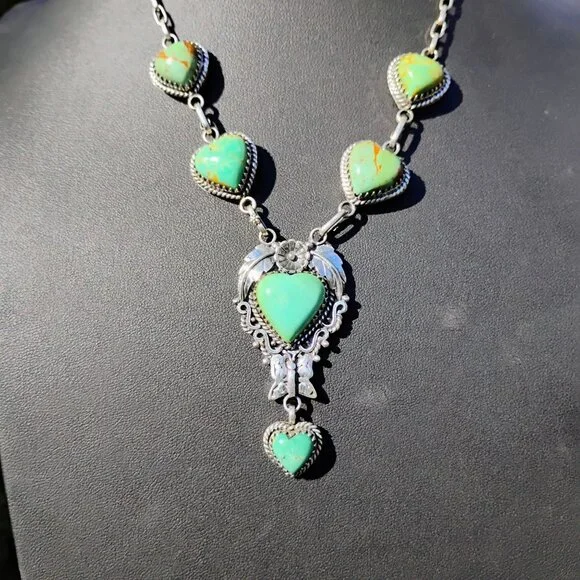 Turquoise Heart Stone Sterling Silver Lariat Necklace Butterfly Flower Southwest - Picture 5 of 12